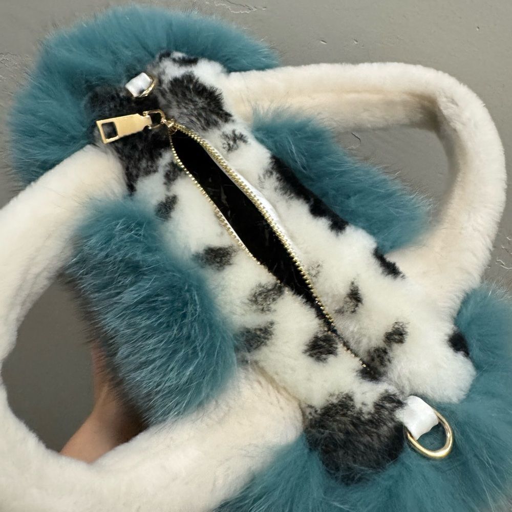 Colorblock Handmade Real Fox Fur & Shearling leather Top Handles Bag/Multi Use - Picture 15 of 16